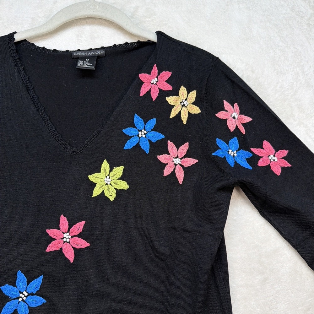 Karen Arnold Silk Floral Applique V Neck 3/4 Sleeve Top Women's Medium Black